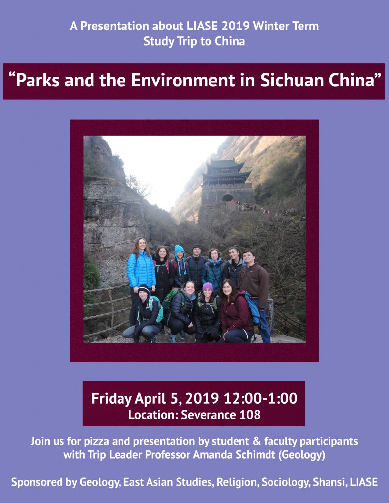 A poster with a picture of the Parks and Environment in Sichuan China winter term group